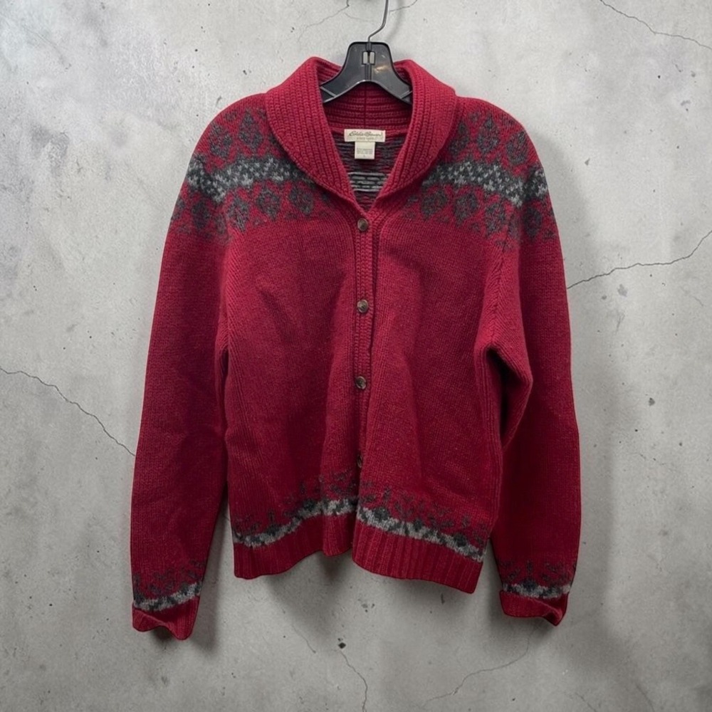 Vintage Eddie Bauer Boho ❤️Western Fair Isle Lambswool Cardigan Sweater Red L